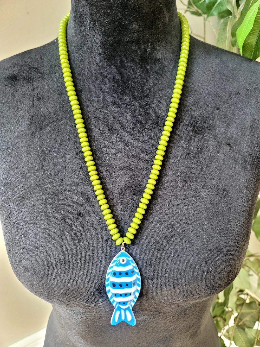 Lightweight Lime Green Beaded Necklace Blue Fish Pendant Coastal Jewelry